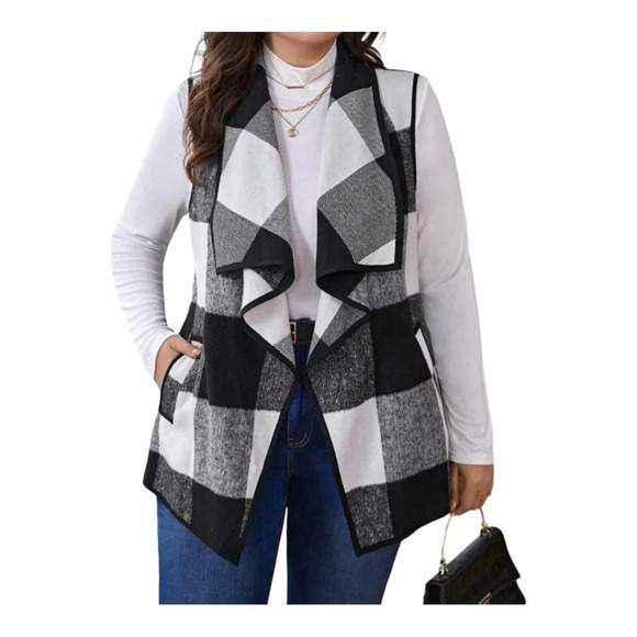 BUFFALO PLAID WATERFALL COLLAR VEST BLACK WHITE WOMEN‎ SIZE SMALL - Picture 1 of 8